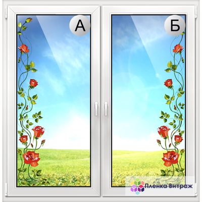 Витражная пленка, витражная пленка самоклеющаяся под заказ,пленочный витраж флора алыми розами
