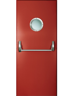 Дверь противопожарная ДПМО-01/60  остекленная с иллюминатором и штанга "пуш-бар" антипаника до 2100*900 - 1,2 мм
