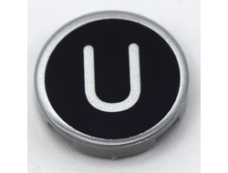 Tile, Round 2 x 2 with Bottom Stud Holder with Silver Capital Letter U on Black Background Pattern, Light Bluish Gray (14769pb442 / 6352982)