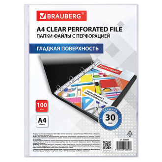 Папки-файлы перфорированные А4 BRAUBERG "ECONOMY", КОМПЛЕКТ 100 шт., гладкие, 30 мкм, 229659