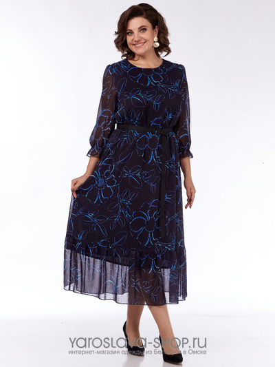 Женское шифоновое платье в синем цвете с цветочным принтом