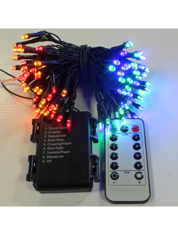 Гирлянда 120 светодиодов, 12 м, контроллер 8 режимов, пульт ДУ, на батарейках, уличная, мультицвет
