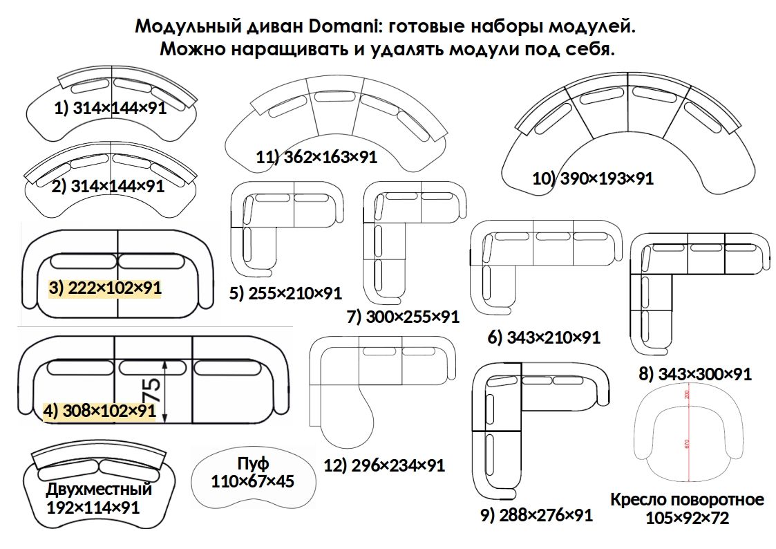 Схема модулей дивана Domani.