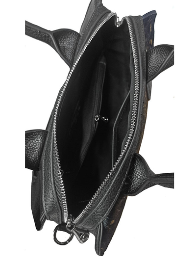 (АРТИКУЛ: 9748) СУМКА ЖЕНСКАЯ СРЕДНЕГО РАЗМЕРА, НАТУРАЛЬНАЯ КОЖА, КОМБИНИРОВАННАЯ, ЧЕРНАЯ/ ЧЕРНЫЙ МЕХ С ЗОЛОТИСТЫМ РИСУНКОМ,  С ПЛЕЧЕВЫМ РЕМНЕМ