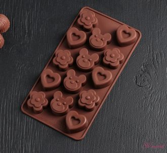 Форма для льда и шоколада &quot;Мишка, цветок, сердце&quot;, 14 ячеек