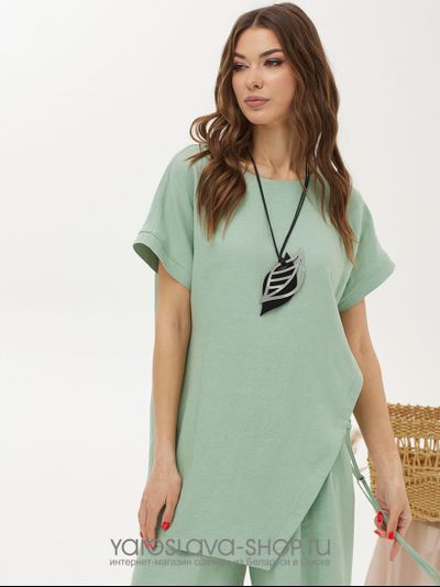 Женский льняной комплект мятного цвета