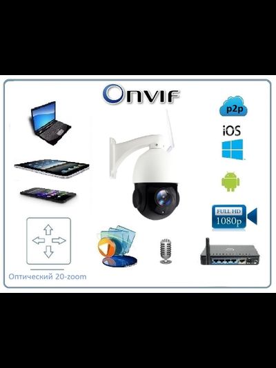Уличная моторизированная WiFi/LAN телекамера с 20-ти кратным оптическим увеличением, с встроенным видеорегистратором (DVR), Full HD 2MP (CamHi)