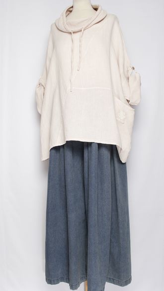 БЛУЗА ЛЁН КИМОНО "ХОМУТ КУЛИСКА" св.бежевая, белая, бежевая  до.56