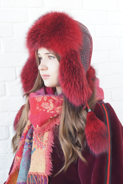 Ушанка "Полярная звезда" цвет брусника + блюфрост брусника