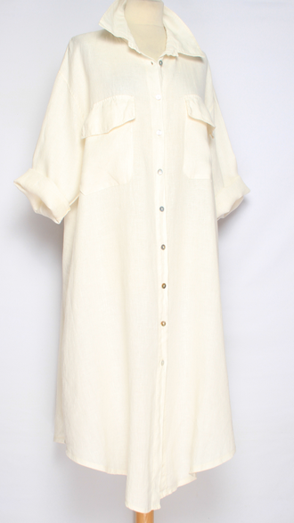 ПЛАТЬЕ РУБАШКА БОХО ЛЬНЯНОЕ "КАРМАНЫ КЛАПАНЫ" белое до р.56