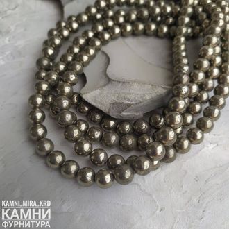 Пирит с породой гладкие шары, глянцевый 5,6-6/10-10,1 мм, цена за нить 19 см