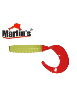 Силиконовая приманка  "Marlin's" Tvister TV76 Желтая - Красный хвост 76мм/2,3гр (уп.-5шт.)