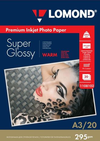 Суперглянцевая тепло-белая (Super Glossy Warm) микропористая фотобумага Lomond для струйной печати, A3, 295 г/м2, 20 листов.
