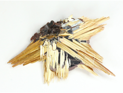 Редкость! Рутил свободного роста, сростки "звезды" золотистых игольчатых кристаллов на кристаллах гематита, Бразилия (35*21*6 мм, 2,6 г) №37920