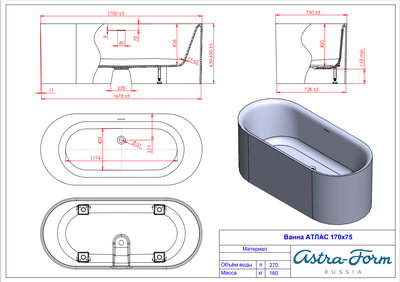 Astra-Form ванна Атлас 170/75 см белая
