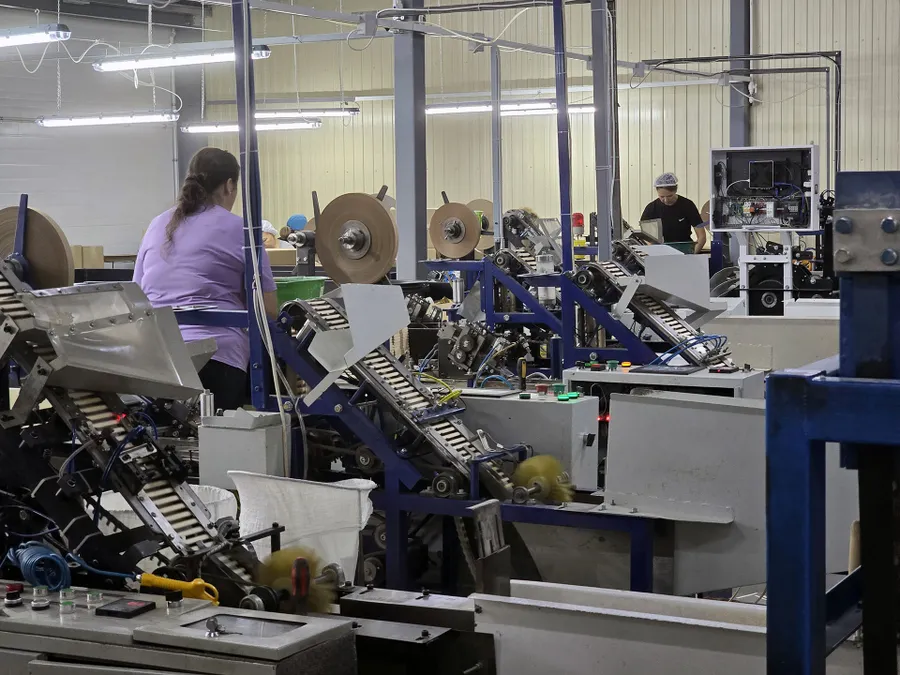 Конвейер с деревянными палочками из шпона