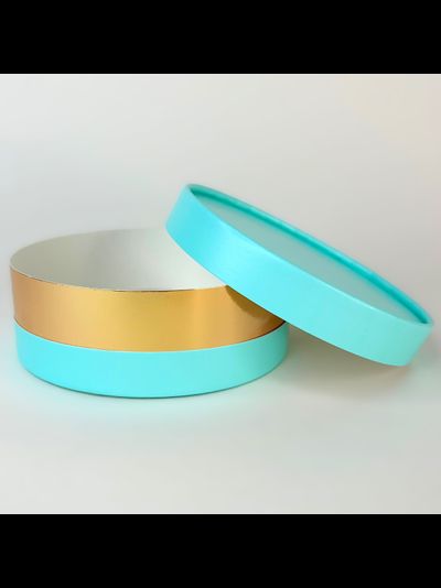 Коробка круглая для ассорти сладостей с лож. (бирюза/золото), 120*45мм