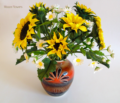 "Подсолнухи с ромашками". Букет из полимерной глины.