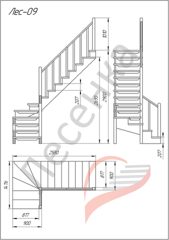 Деревянная межэтажная лестница ЛЕС-09 поворот 90°