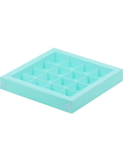 Коробка для 16 конфет с проз. кр. (бирюза), 200*200*30мм