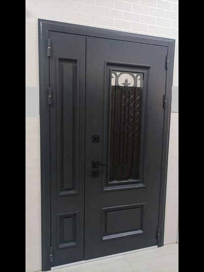 1200*2050. ВИЛЛАДЖ  115 мм. СТАЛЬ 1,5 мм. ГРАФИТ БУКЛЕ/ МРАМОР НАТУРАЛЬНЫЙ/ КОВКА ВНУТРИ СТЕКЛОПАКЕТА