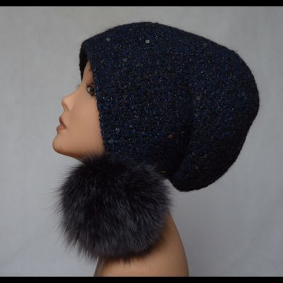 Меланжевая женская шапка ушанка с помпонами Vizio 6444 Италия синяя