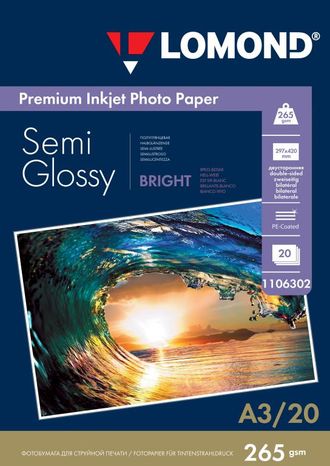 Полуглянцевая двусторонняя ярко-белая (Semi Glossy Bright) микропористая фотобумага Lomond для струйной печати, A3, 265 г/м2, 20 листов.