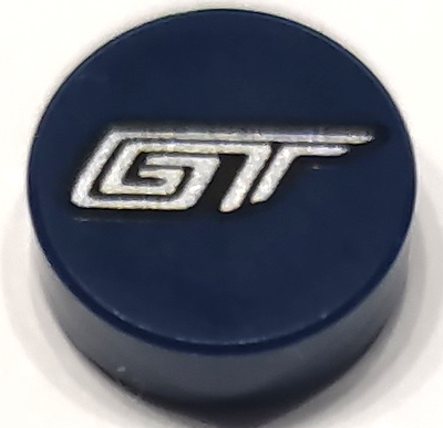 Tile, Round 1 x 1 with Silver 'GT' Pattern, Dark Blue (98138pb368 / 6426364)