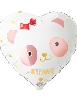 Фольгированный воздушный шар сердце, ДР Панда с бантиком, 46 см