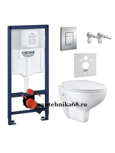 Инсталляция в сборе Grohe Solido 5 в 1 39586000: инсталляция + подвесной унитаз Bau Ceramic + сиденье с микролифтом, панель смыва Skate Cosmopolitan