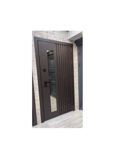 960*2050, ПРАВОЕ ОТКРЫВАНИЕ. ТЕРМОРАЗРЫВ. КРОНОС МУАР Ral 8019 (КОРИЧНЕВЫЙ) - СОФТ БЕЛЫЙ СНЕГ/ СТЕКЛОПАКЕТ.