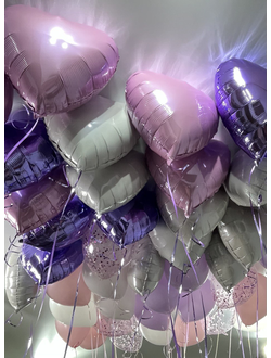 Шары (розовый, сиреневый, белый, прозрачные с конфетти), сердечки (розовый, сиреневый, белый, градиент бело-розовый) 40 шт в потолок