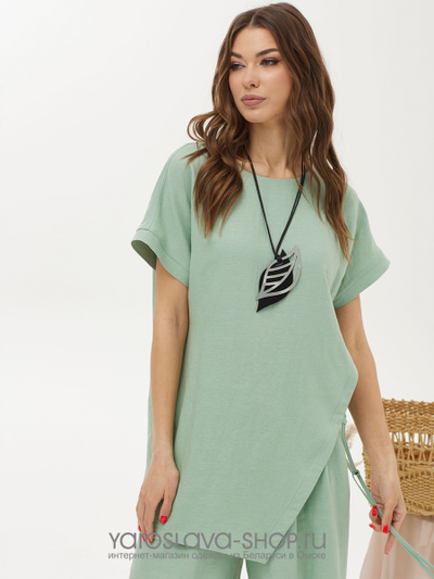 Женский льняной комплект мятного цвета