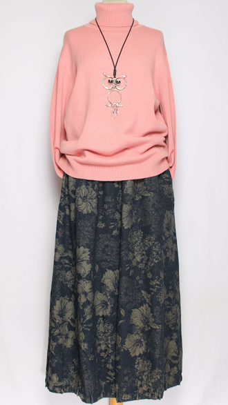 ЮБКА-БРЮКИ джинс-гобелен "ЗАЩИПЫ крупный цветок" синяя р.46-54