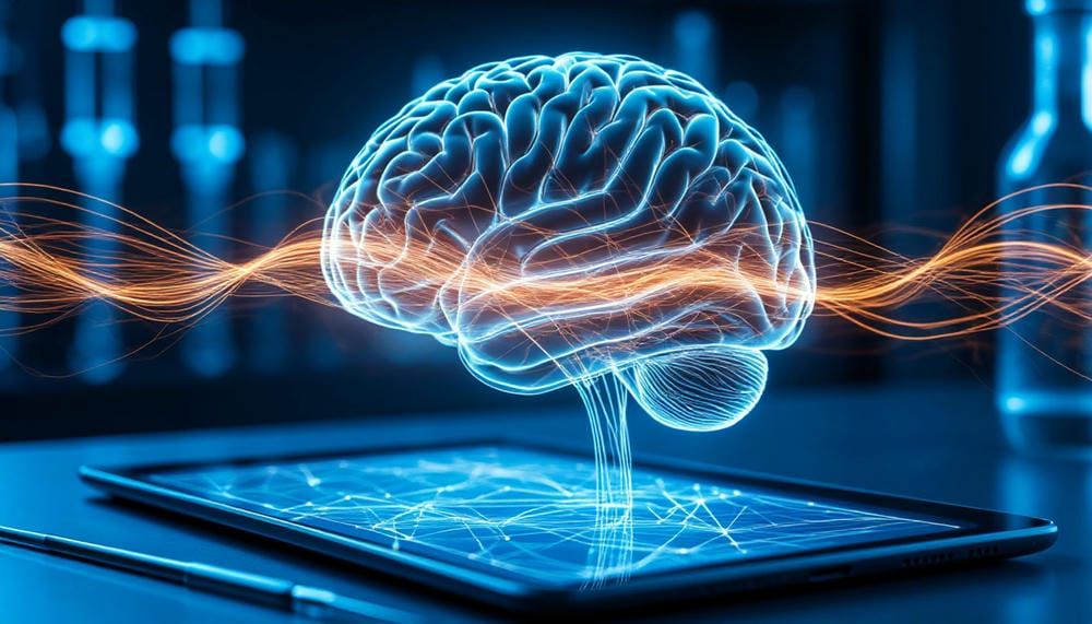 Схематичное изображение нейронных связей, проходящих сквозь цифровой интерфейс планшета.