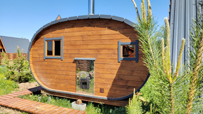 Баня-бочка с панорамным окном "ОКО" Комфорт+