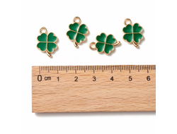 ПОДВЕСКА С ЭМАЛЬЮ "КЛЕВЕР" - 18x12x2 мм - БЛЕДНОЕ ЗОЛОТО+ЗЕЛЁНАЯ ЭМАЛЬ