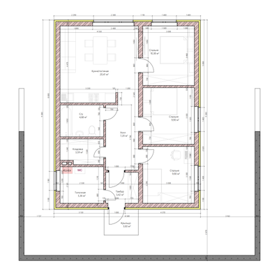 Одноэтажный дом с тремя спальнями 78м² (S14)
