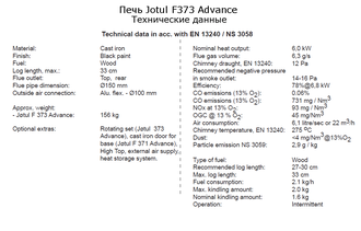 Технические характеристики печи Jotul F373 Advance WHE, мощность, вес, эффективность