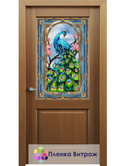 Витражная пленка,витражная пленка самоклеющаяся под заказ,пленочный витраж флора с птицами павлинами