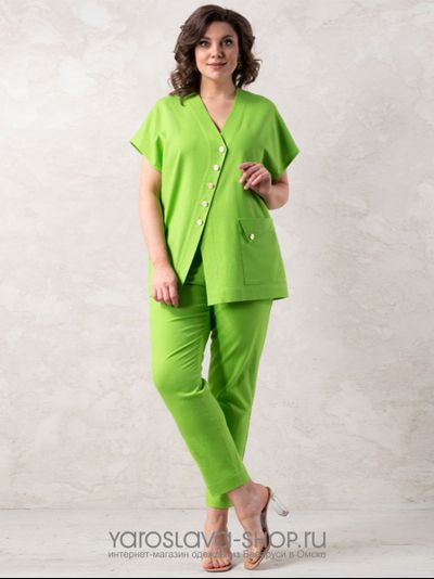 Модель: 1501. Льняной брючный комплект яркого салатового цвета .
