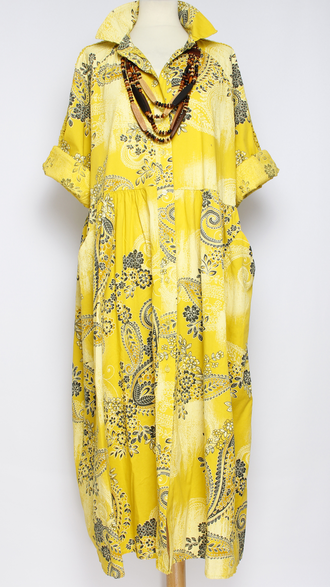 Платье - рубашка "РУКАВ КРУЖЕВО ЦВЕТЫ" жёлтое, зелёное р.50-56