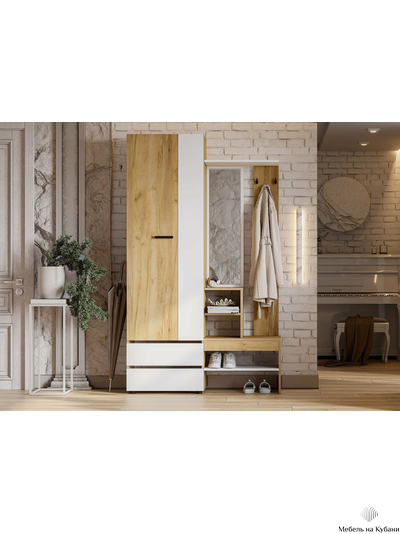 Абрау вешалка с зеркалом прихожая Дуб золотой/Белый