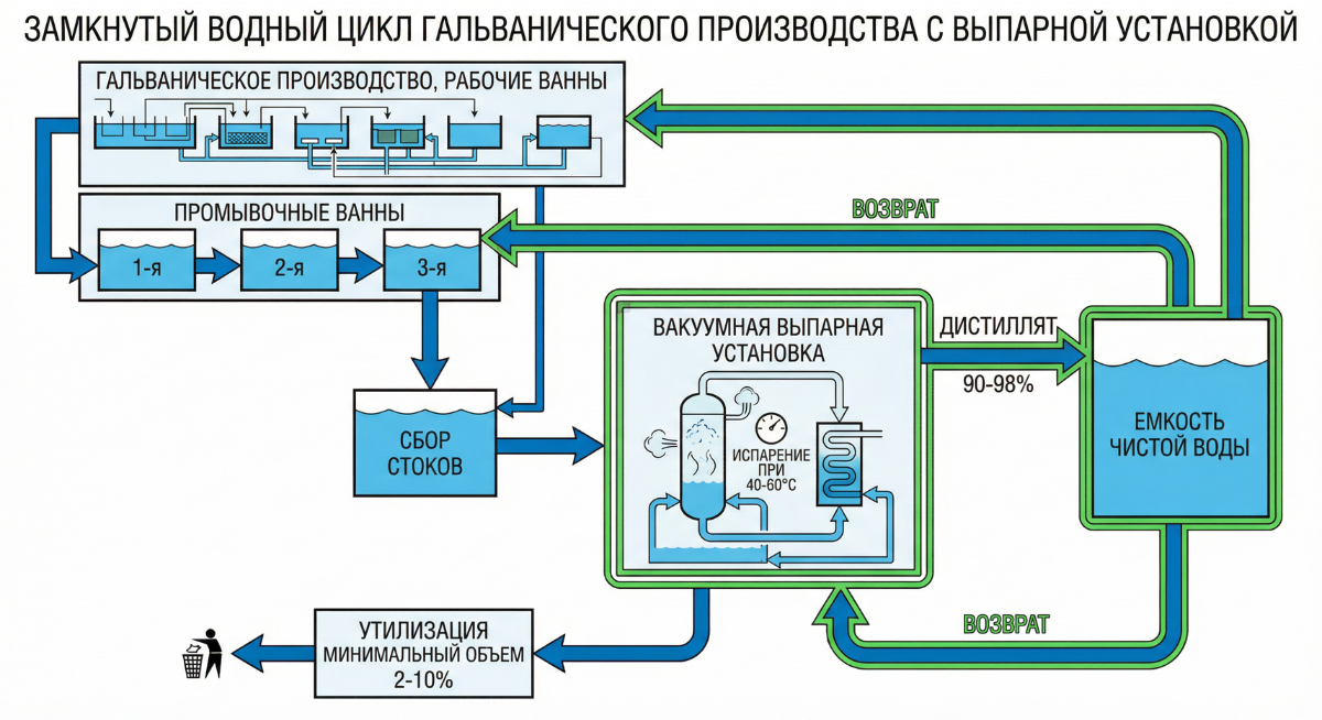 Схема замкнутого водооборота с выпарной установкой на гальваническом предприятии