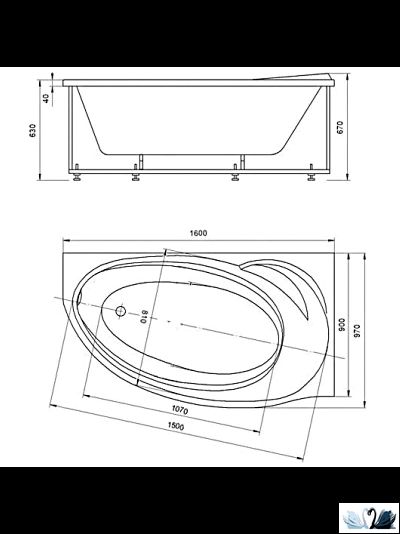 Ванна Aquatek Бетта 160х97 см BET160-0000026, акриловая, правая с каркасом, панелью и сифоном слив-перелив