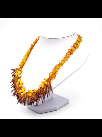 Колье из желтого и матового янтаря и чешского бисера 00104