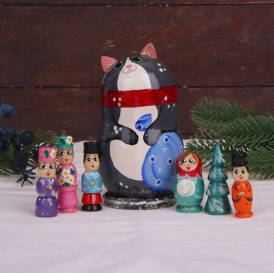 Матрёшка «Котик» с ёлочными деревянными игрушками, 7шт