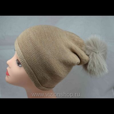 шапка с помпоном вязаная из шерсти мериноса Vizio 4325 бежевая