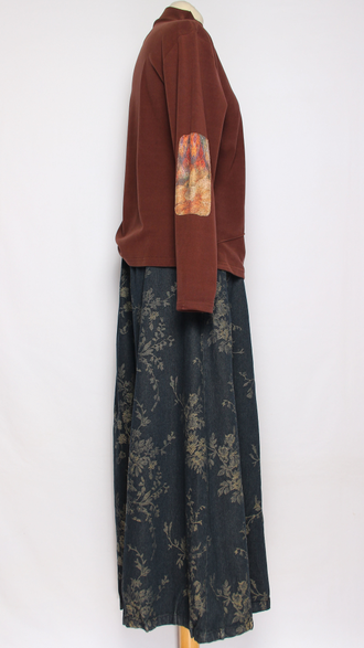 ЮБКА-БРЮКИ джинс-гобелен "ЗАЩИПЫ мелкий цветок" синяя р.46-54