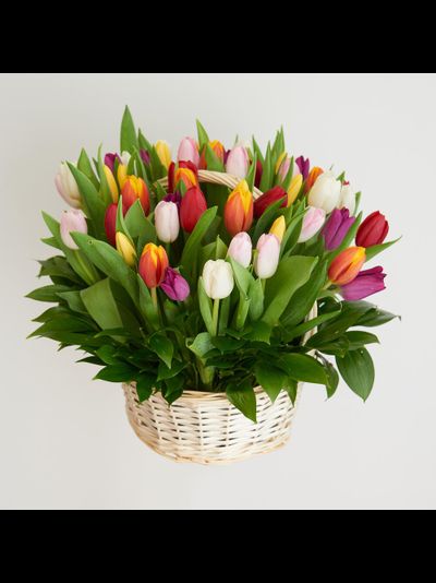 Корзина ярких тюльпанов